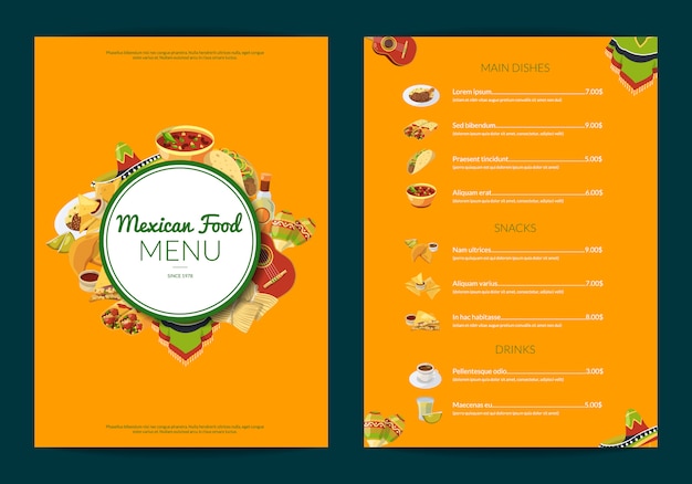 Cartoon mexican food cafe restaurant menu template illustration