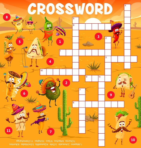 Premium Vector | Cartoon mexican food characters crossword puzzle
