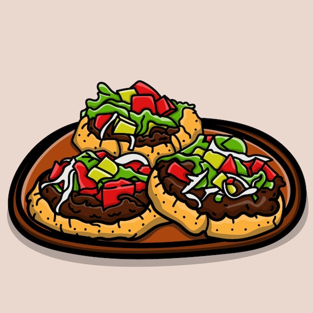 Cartoon Mexican food sopes with beans and vegetables