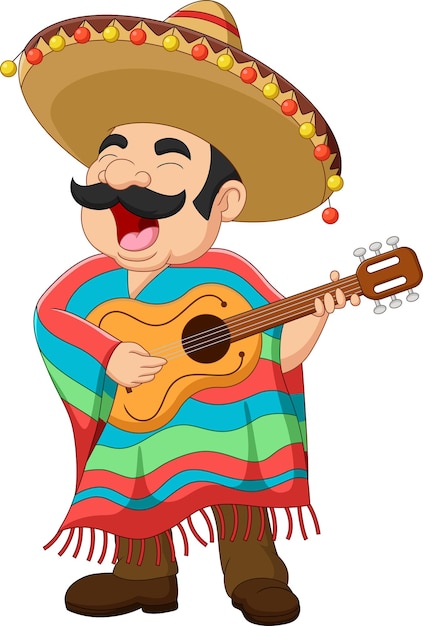 Vector cartoon mexican man playing the guitar and singing