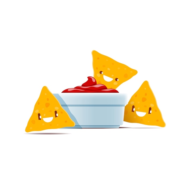 Vector cartoon mexican nacho chips characters and ketchup