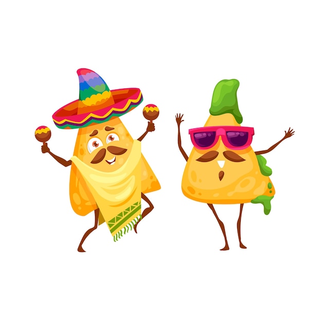 Vector cartoon mexican nachos chips happy characters. vector mariachi in sombrero and poncho playing maracas. funny chips piece in guacamole sauce wearing sunglasses celebrate national holidays and dance