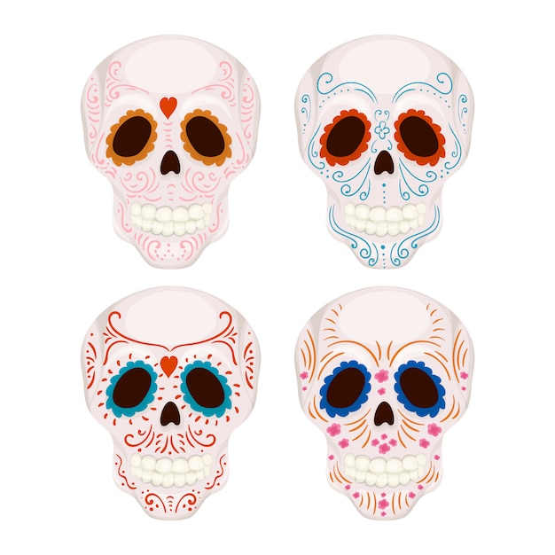 Vector cartoon mexican sugar skull with traditional patterns illustration for day of the dead