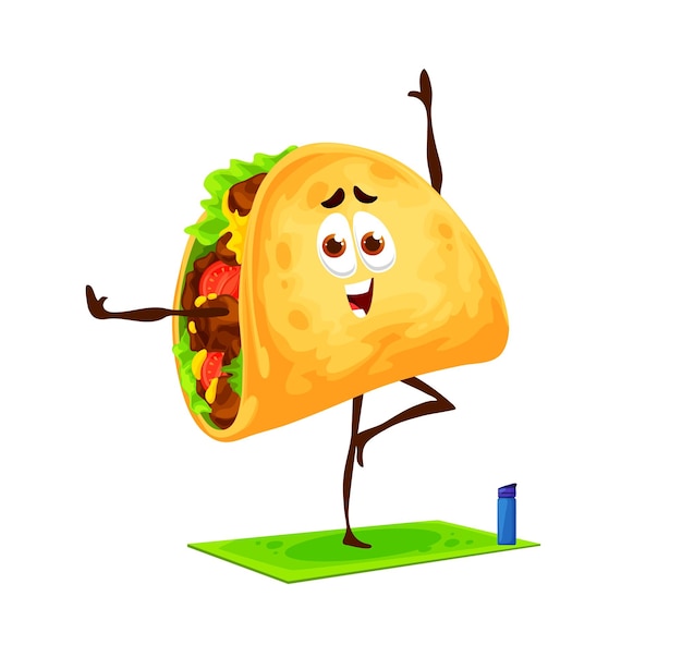 Cartoon mexican tacos character on yoga fitness