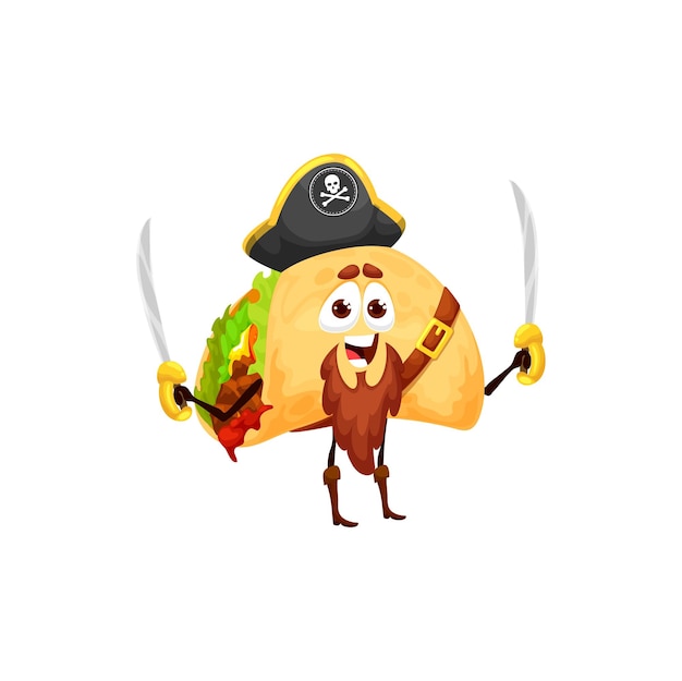 Cartoon mexican tacos pirate personage Vector corsair fast food character wear captain cocked hat with sabers in hands Funny filibuster snack meal of Mexico tex mex fastfood cafe takeaway dish