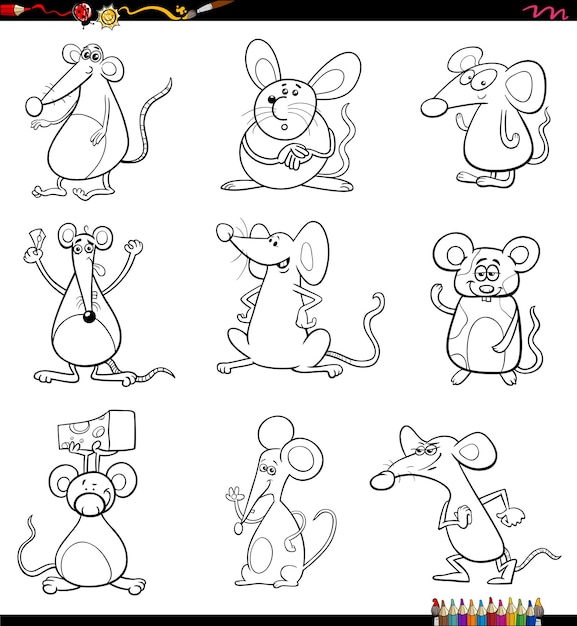 Cartoon mice animal characters set coloring page