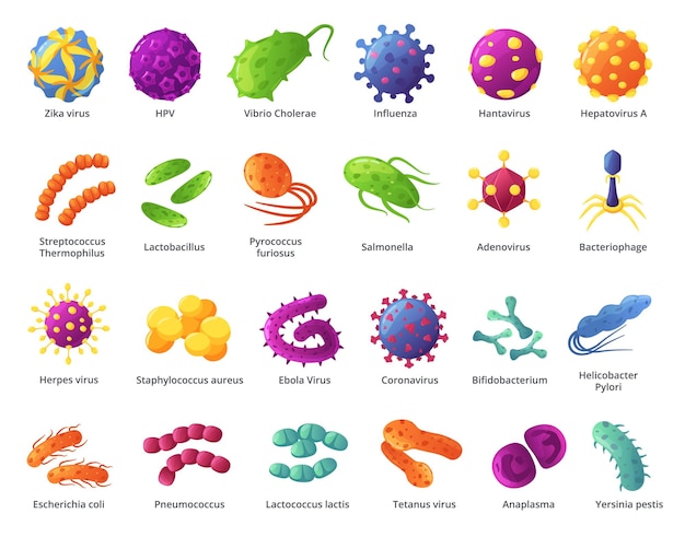 Cartoon microbe Biological microorganisms virus cells infecting germs bacteria set