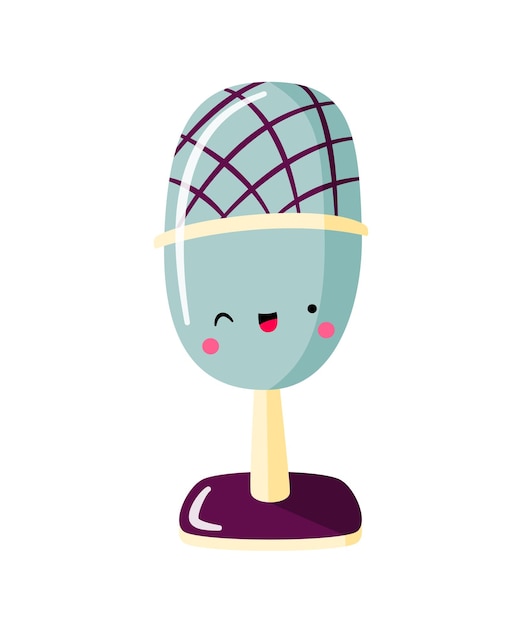 Cartoon microphone for podcast, audio record. Device with funny face. Hand drawn vector element