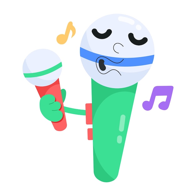 A cartoon microphone with a face and a blue band on it is singing a song.