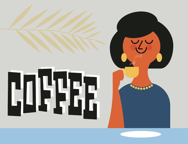 Vector cartoon mid century character of a woman drinking coffee