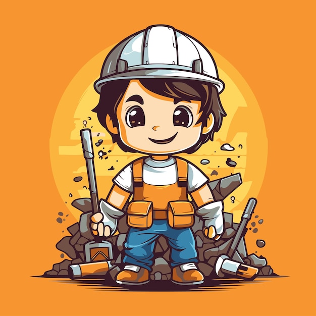 Cartoon mijnwerkersjongen met gereedschap Vector illustratie geïsoleerd op oranje achtergrond