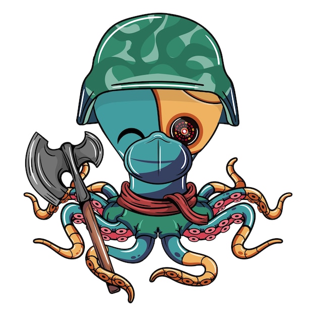 Вектор Карикатурный военный киборг-октопод с маской на лице и топором в щупальце иллюстрация для фантастической научной фантастики и приключенческих комиксов