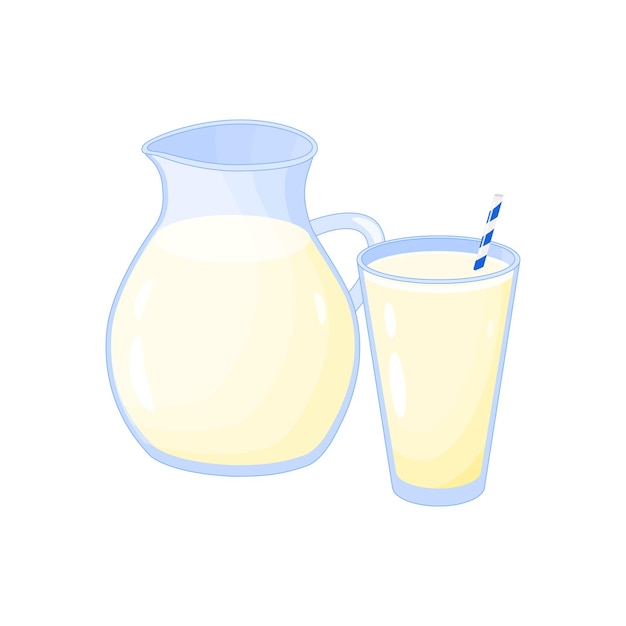 Cartoon milk in jar and glass isolated on white background