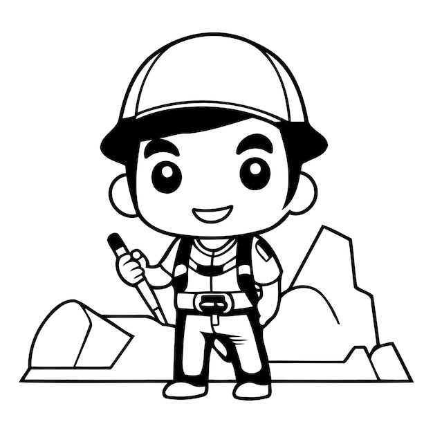 Cartoon miner standing on the rocks and holding a shovel Vector illustration