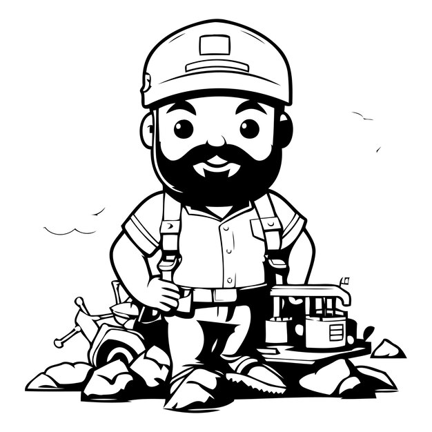 Vector cartoon miner standing on the rocks vector illustration in cartoon style