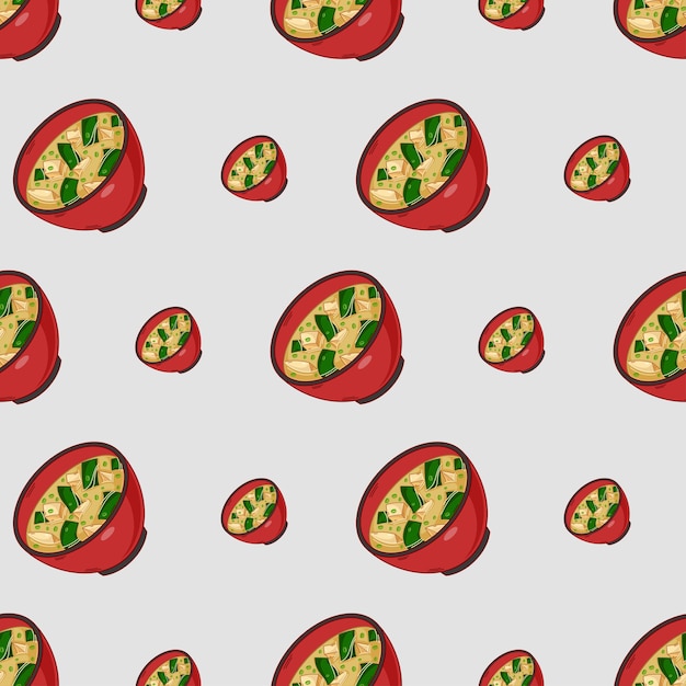 Cartoon miso soup japanese food seamless pattern on colorful background