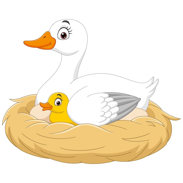 Cartoon moeder eend met haar baby in het nest