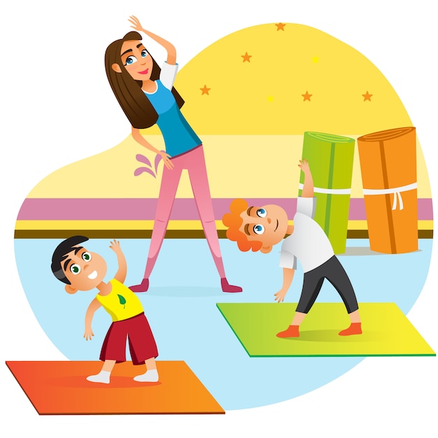 Cartoon moeder oefening met kinderen familie Yoga