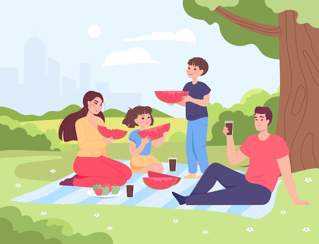 Cartoon moeder, vader en kinderen die picknicken op het gazon. gelukkig moeder, vader, jongen en meisje watermeloen eten in park samen platte vectorillustratie. familie, vakantieconcept voor banner, websiteontwerp