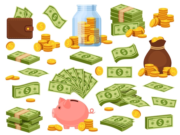 Vector cartoon money bag and piles. piggy bank, banknote packs, wallet with dollar bills, gold stacks and sack with coins. cash savings vector set