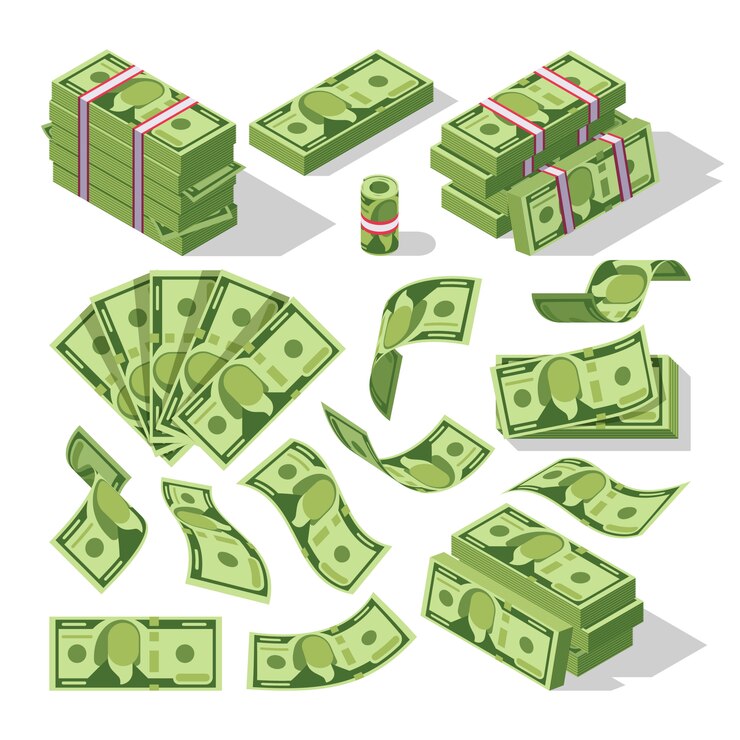 Vector cartoon money bills. green dollar banknotes cash vector icons. cash money paper, financial pile banknotes illustration