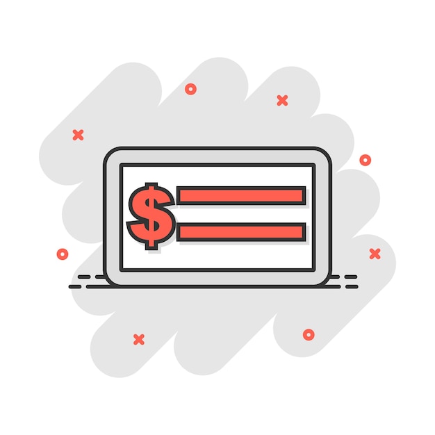 Cartoon money check icon in comic style Bank checkbook illustration pictogram Checkbook sign splash business concept