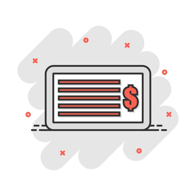 Cartoon money check icon in comic style Bank checkbook illustration pictogram Checkbook sign splash business concept