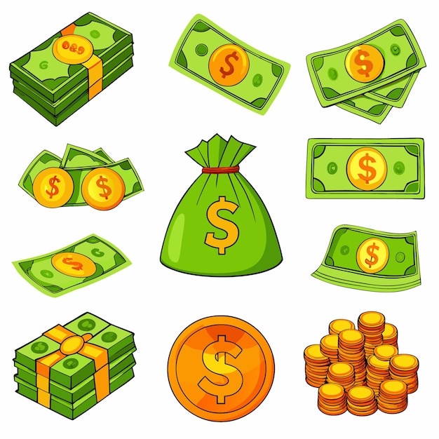 Vector cartoon money and coins fun and colorful currency illustrations for financial content