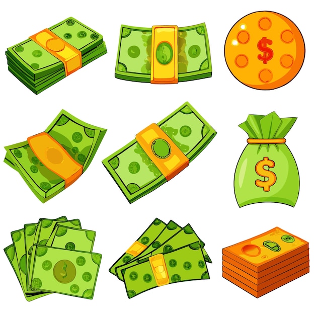 Vector cartoon money and coins fun and colorful currency illustrations for financial content