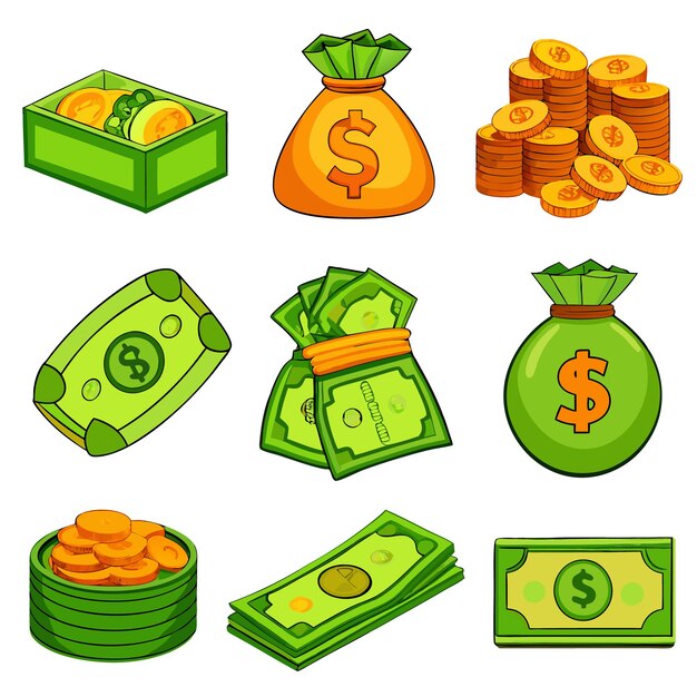 Vector cartoon money and coins fun and colorful currency illustrations for financial content