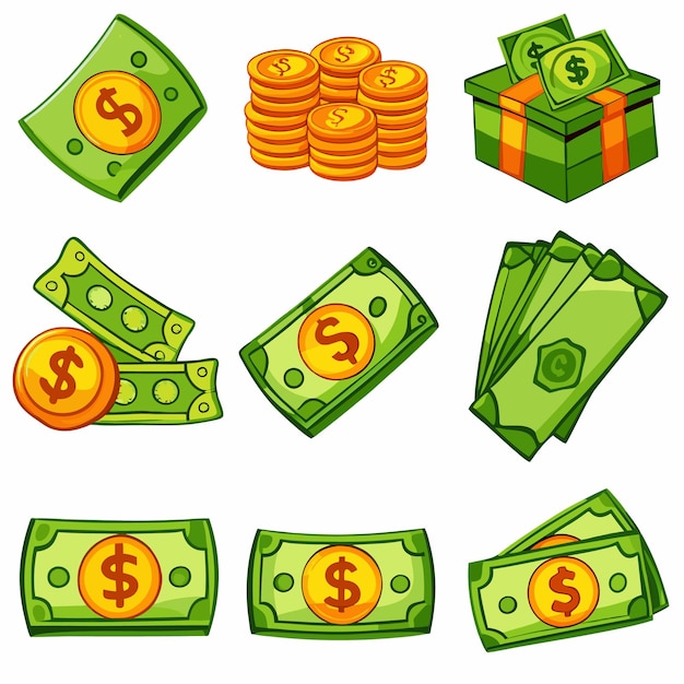 Vector cartoon money and coins fun and colorful currency illustrations for financial content