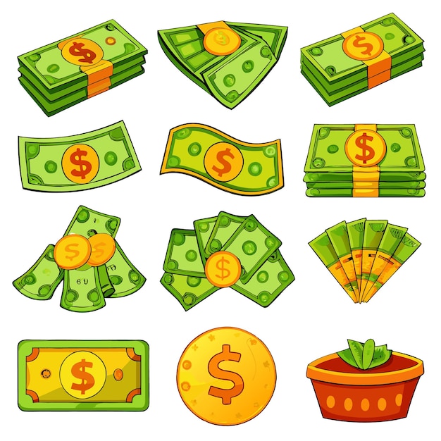 Vector cartoon money and coins fun and colorful currency illustrations for financial content