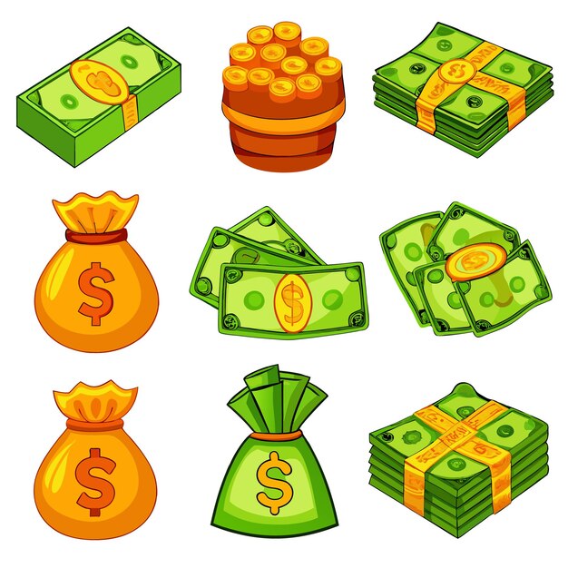 Vector cartoon money and coins fun and colorful currency illustrations for financial content
