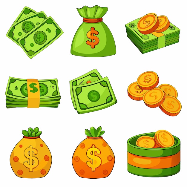 Vector cartoon money and coins fun and colorful currency illustrations for financial content