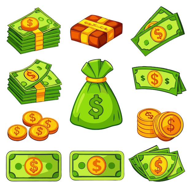 Vector cartoon money and coins fun and colorful currency illustrations for financial content