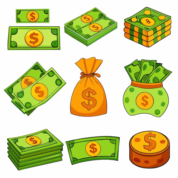 Vector cartoon money and coins fun and colorful currency illustrations for financial content
