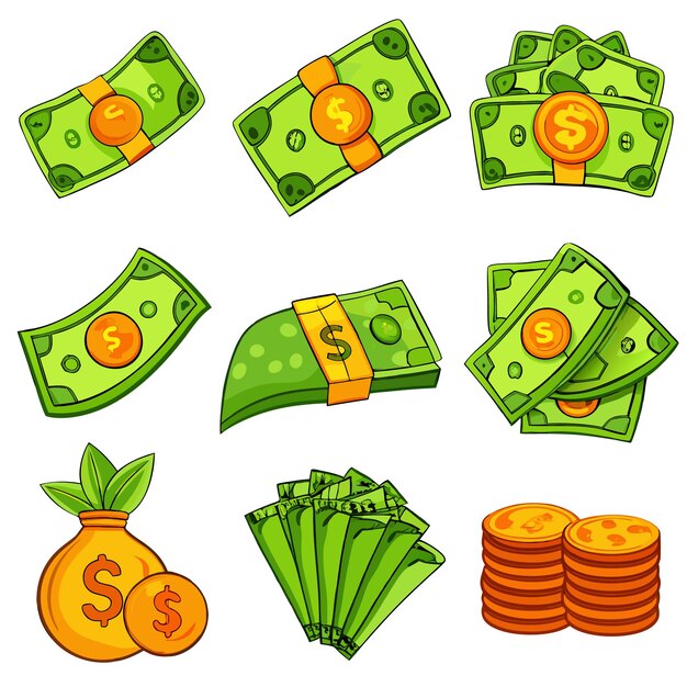 Vector cartoon money and coins fun and colorful currency illustrations for financial content