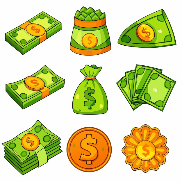 Vector cartoon money and coins fun and colorful currency illustrations for financial content