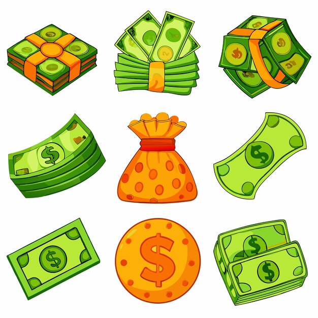 Vector cartoon money and coins fun and colorful currency illustrations for financial content