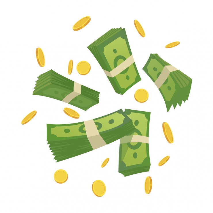 Vector cartoon money. green banknote and gold coins cartoon illustration. flying and rolls bills, lot of coins. dollar rain.