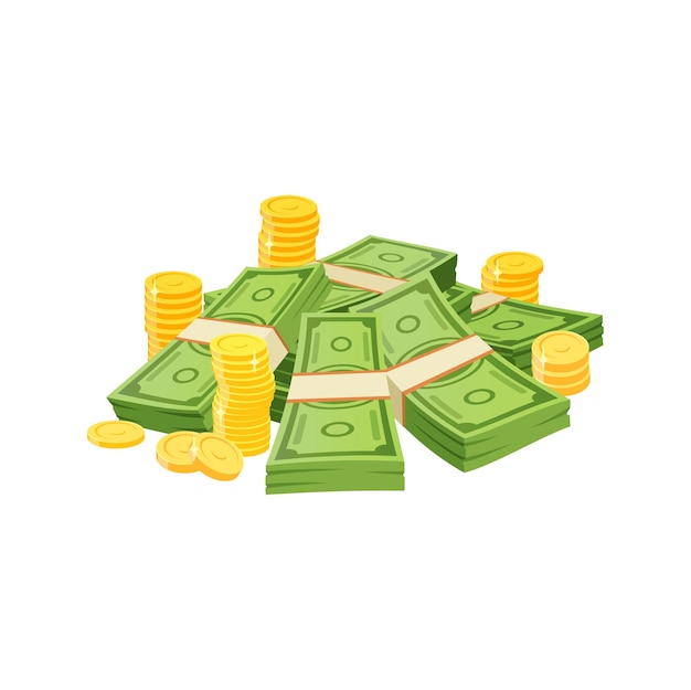 cartoon money heap dollar banknotes golden coins