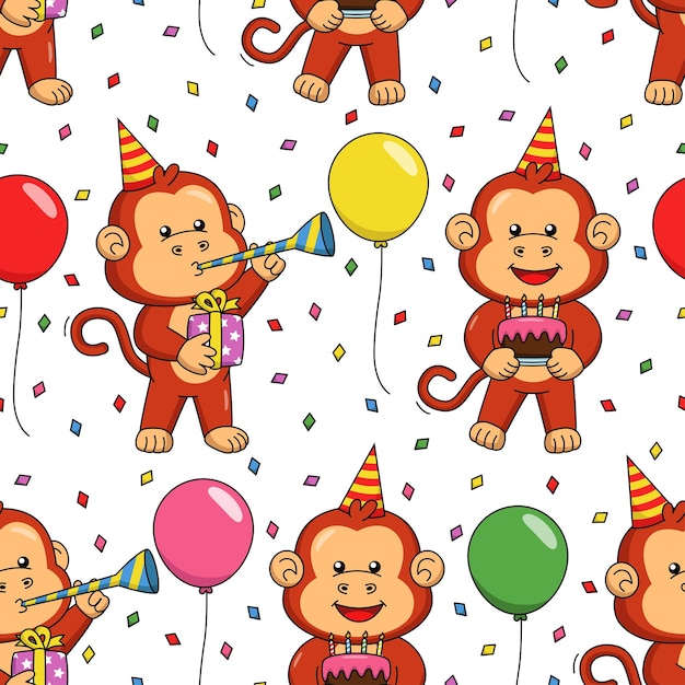 Vector cartoon monkey celebrating birthday seamless pattern design