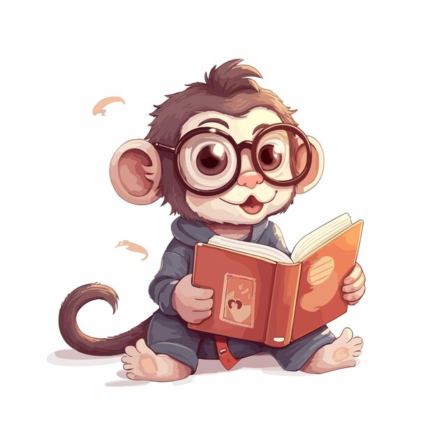 Vector cartoon monkey character reading book illustration animal on white background