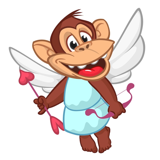 Vector cartoon monkey chimnpanzee holding bow and arrow st valentine's day illustration