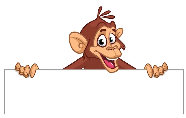 Cartoon monkey chimpanzee holding blank empty white paper or placard for menu or greetings vector illustration of happy monkey character