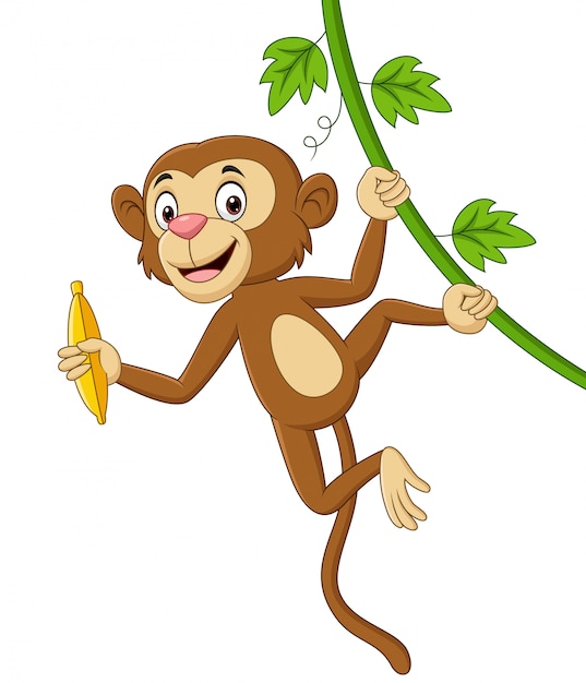 Мультяшный обезьяна висит и держит банан в ветке дерева