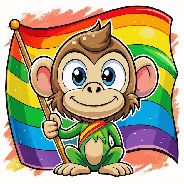 A cartoon of a monkey holding a rainbow flag