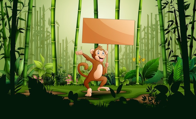 Cartoon a monkey holding wooden sign in the bamboo forest landscape