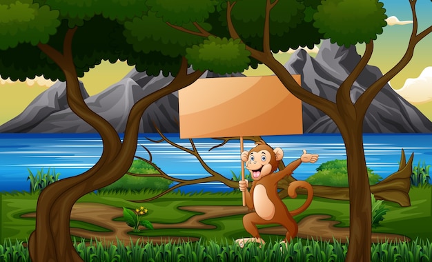Scimmia del fumetto che tiene segno di legno nella foresta