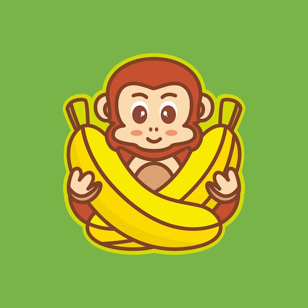 Cartoon monkey hugging banana logo design illustration